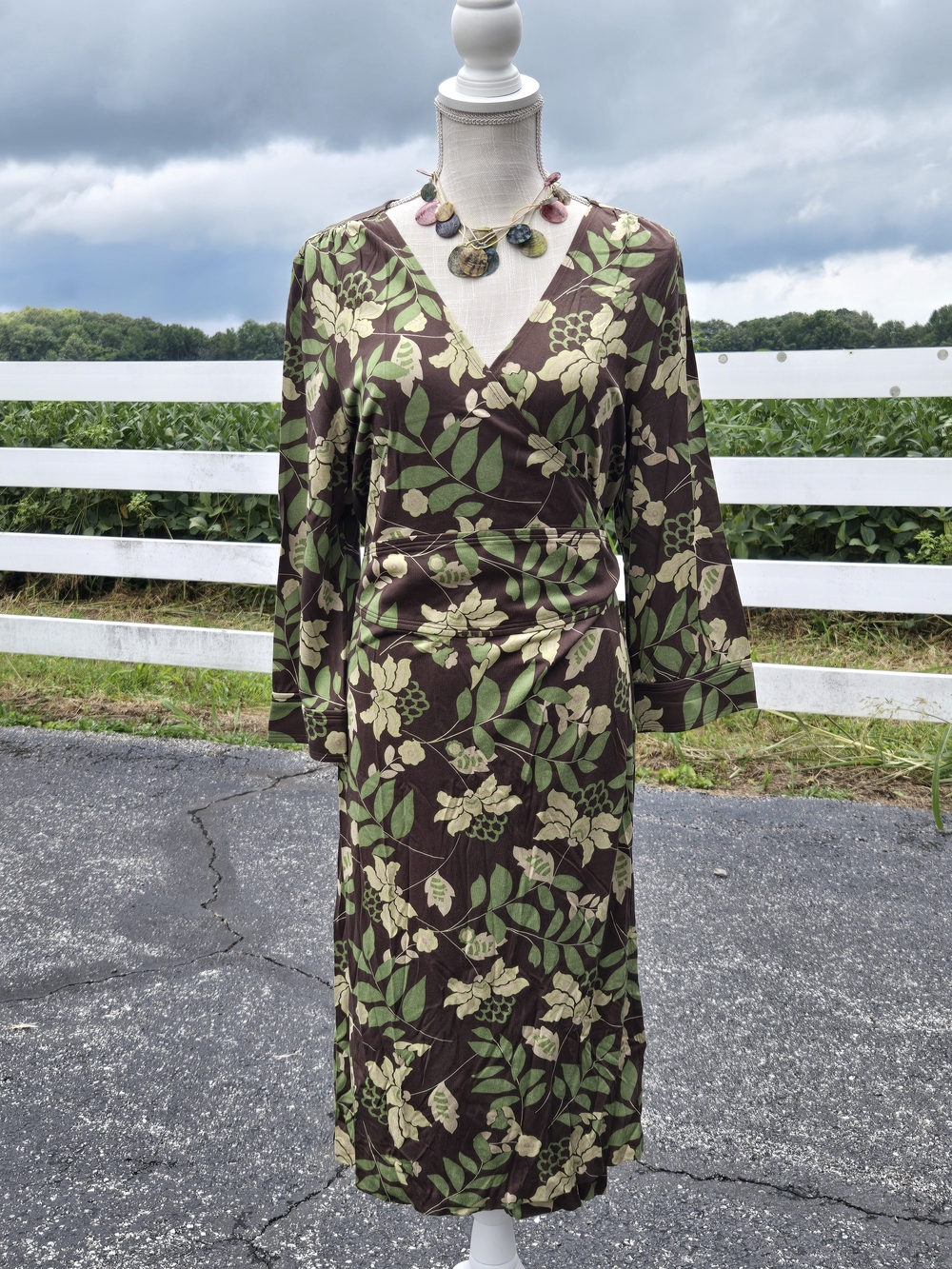 Banana Republic Brown Floral Wrap Dress with Green and Cream Leaves-NWT